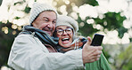 Selfie, travel and senior couple in park for social media, online post and profile picture on adventure. Retirement, nature and happy man and woman take photo on holiday, vacation or weekend outdoors