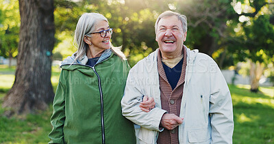 Buy stock photo Senior couple, people and happy in park for bonding, support and care on retirement in London. Relationship, laugh or smile at outdoor with walk for fun, health and wellness as hobby for wellbeing