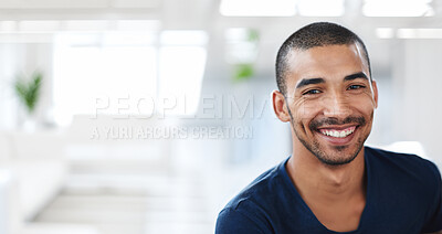 Buy stock photo Happy, office and portrait of business black man for startup career, job opportunity and working. Professional, creative company and person at desk with confidence, pride and smile for design agency