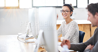 Buy stock photo Woman, portrait and creative agency in office with computer for internet, planning and web design. People, tech and research for project in workplace with target audience, graphic or writing notes