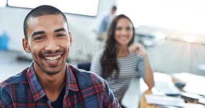 Buy stock photo Business man, portrait and smile at job with coworking, confidence and web designer in office. Happy, employee and creative design agency with professional and startup staff at work desk at company