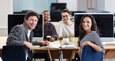 Buy stock photo Computer, design and web development with portrait of employee team in office together for creative career. Company, desk or smile with happy staff people in artistic business for project management