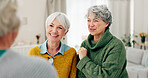 Selfie, fun and senior woman friends in a home for a visit during retirement together while looking happy. Social media, profile picture and smile with a group of elderly people bonding in a house