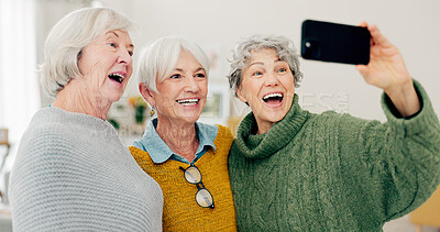 Selfie, fun and senior woman friends in a home for a visit during retirement together while looking happy. Social media, profile picture and smile with a group of elderly people bonding in a house