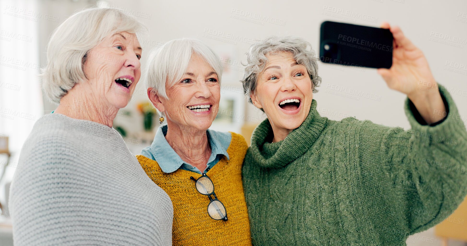 Buy stock photo Selfie, fun and senior woman friends in a home for a visit during retirement together while looking happy. Social media, profile picture and smile with a group of elderly people bonding in a house