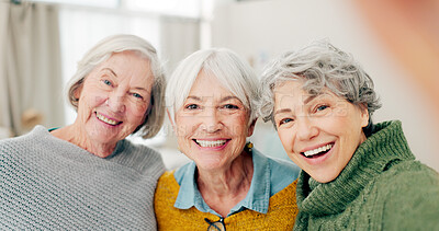 Buy stock photo Selfie, fun and senior woman friends happy in a home for a visit during retirement together. Portrait, smile and social media profile picture with a group of old people in a house for bonding