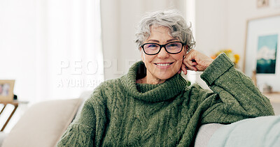Buy stock photo Happy, face and senior woman on sofa to relax in home or grandma laughing with happiness and freedom in retirement. Portrait, elderly person and smile in living room, house or thinking of good memory