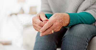 Buy stock photo Senior woman, anxiety and hands in stress, worry or concern over waiting for medical results, diagnosis or news. Zoom, hand and mental health of person with anxious body language or gesture in home