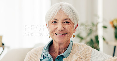 Happy, senior woman and relax on sofa in nursing home or grandma with happiness, freedom and retirement in house. Portrait, elderly person and smile in living room or thinking of good memory