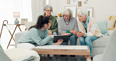 Tablet, friends and senior women on sofa online for social media, streaming movies and internet search. Retirement home, social reunion and caregiver on digital tech for learning, teaching and help