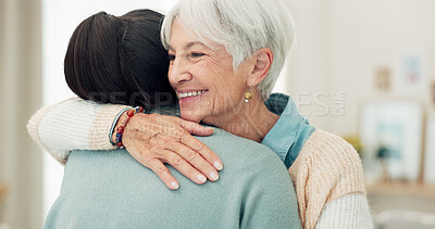 Happy senior woman, hug and elderly care for thank you, gratitude or support for caregiver at home. Mature female person or patient embracing medical or healthcare worker in trust, happiness or house