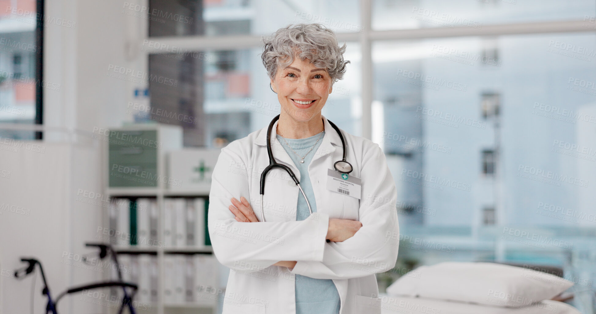 Buy stock photo Portrait, woman and doctor with arms crossed, confidence and happiness with healthcare consultant, hospital and career. Medical professional, female person or happy lady with success, proud and smile