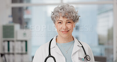 Medical, doctor and smile with face of old woman in office for consulting, wellness and medicine. Healthcare, happy and expert with portrait of senior person in hospital for surgery and professional