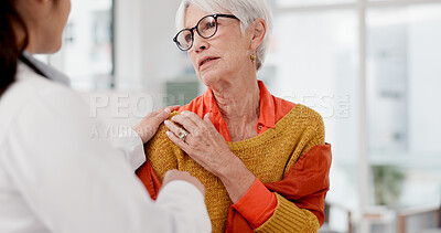 Medical, shoulder pain and a senior woman with her doctor in the hospital, talking during a consultation. Healthcare, insurance or anatomy and a woman patient in a clinic with a medicine professional