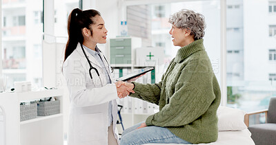 Welcome, old woman or doctor shaking hands with patient in consultation for healthcare checkup at hospital. Meeting, handshake or medical worker greeting a senior person in appointment at clinic
