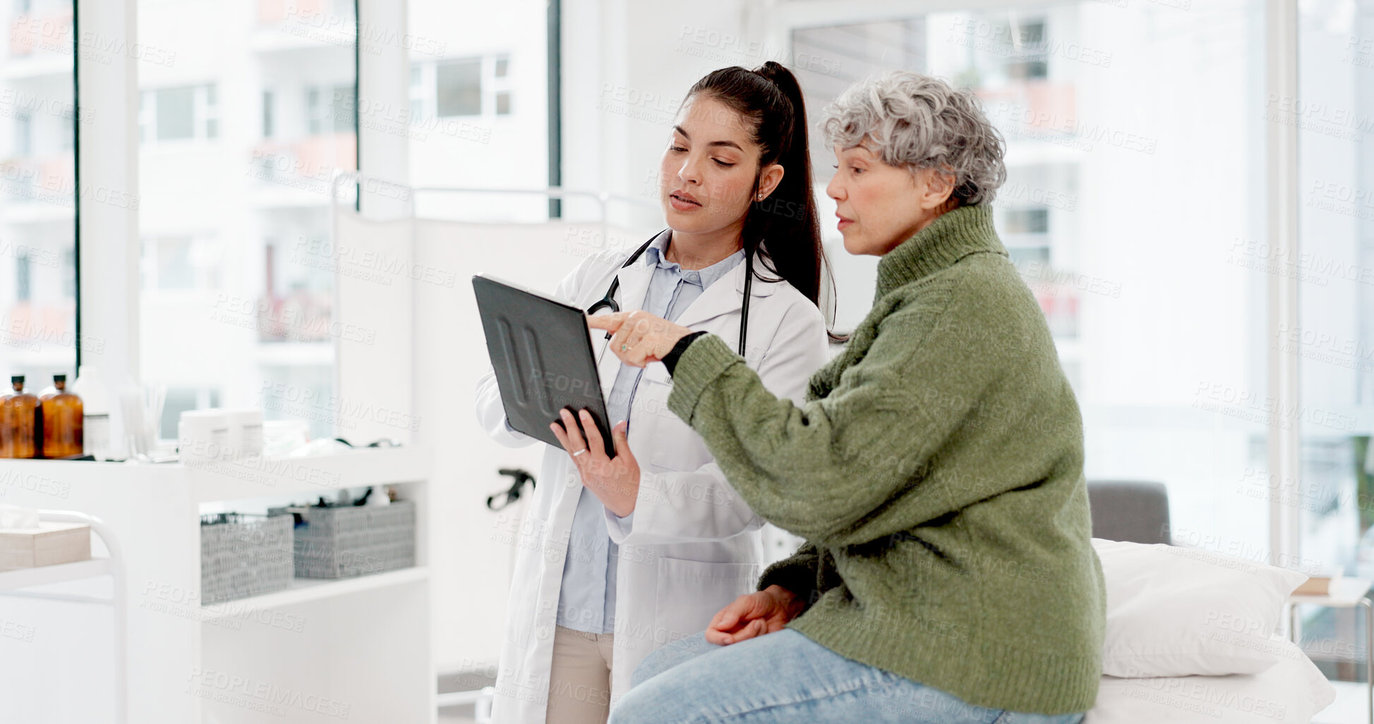 Buy stock photo Welcome, old woman or doctor shaking hands with patient in consultation for healthcare checkup at hospital. Meeting, handshake or medical worker greeting a senior person in appointment at clinic