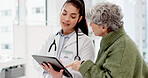Results, tablet or doctor with senior patient in consultation for healthcare advice or checkup at hospital. News, online or medical worker talking to elderly woman in meeting appointment for medicare