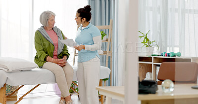 Physiotherapist, senior woman and healthcare documents, physical therapy consulting and results or advice. Physiotherapy, chiropractor or medical woman with elderly patient information or paperwork