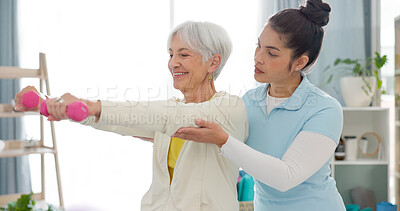 Buy stock photo Physiotherapy, senior woman with dumbbell exercise and nurse in clinic for rehabilitation, fitness and support in healthcare. Physical therapy, help and training with a physiotherapist in hospital