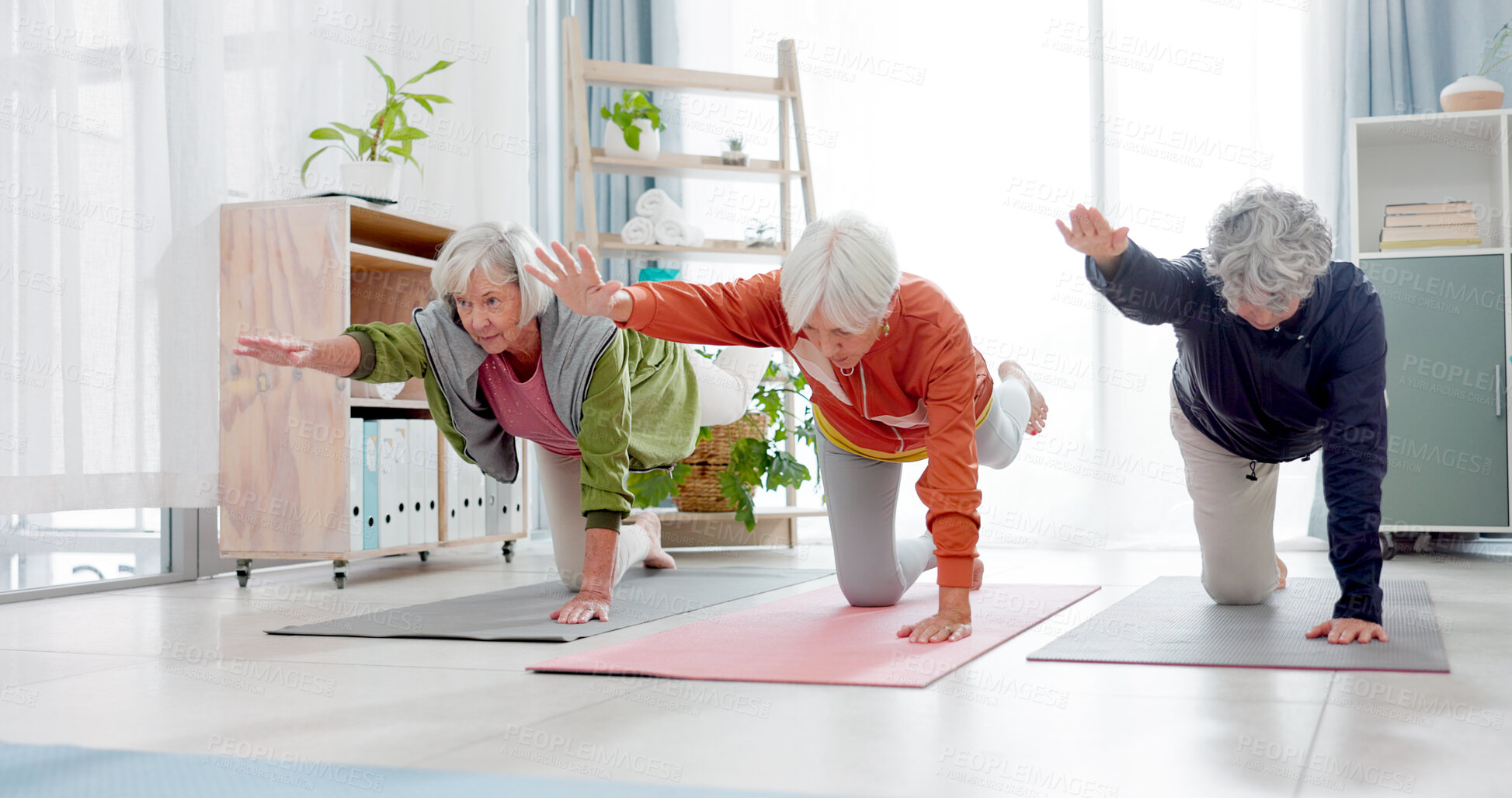 Buy stock photo Home, yoga and elderly women stretching, fitness and retirement with activity, exercise and wellness. Senior club, female people and healthy group with workout, stretch and pilates training with care