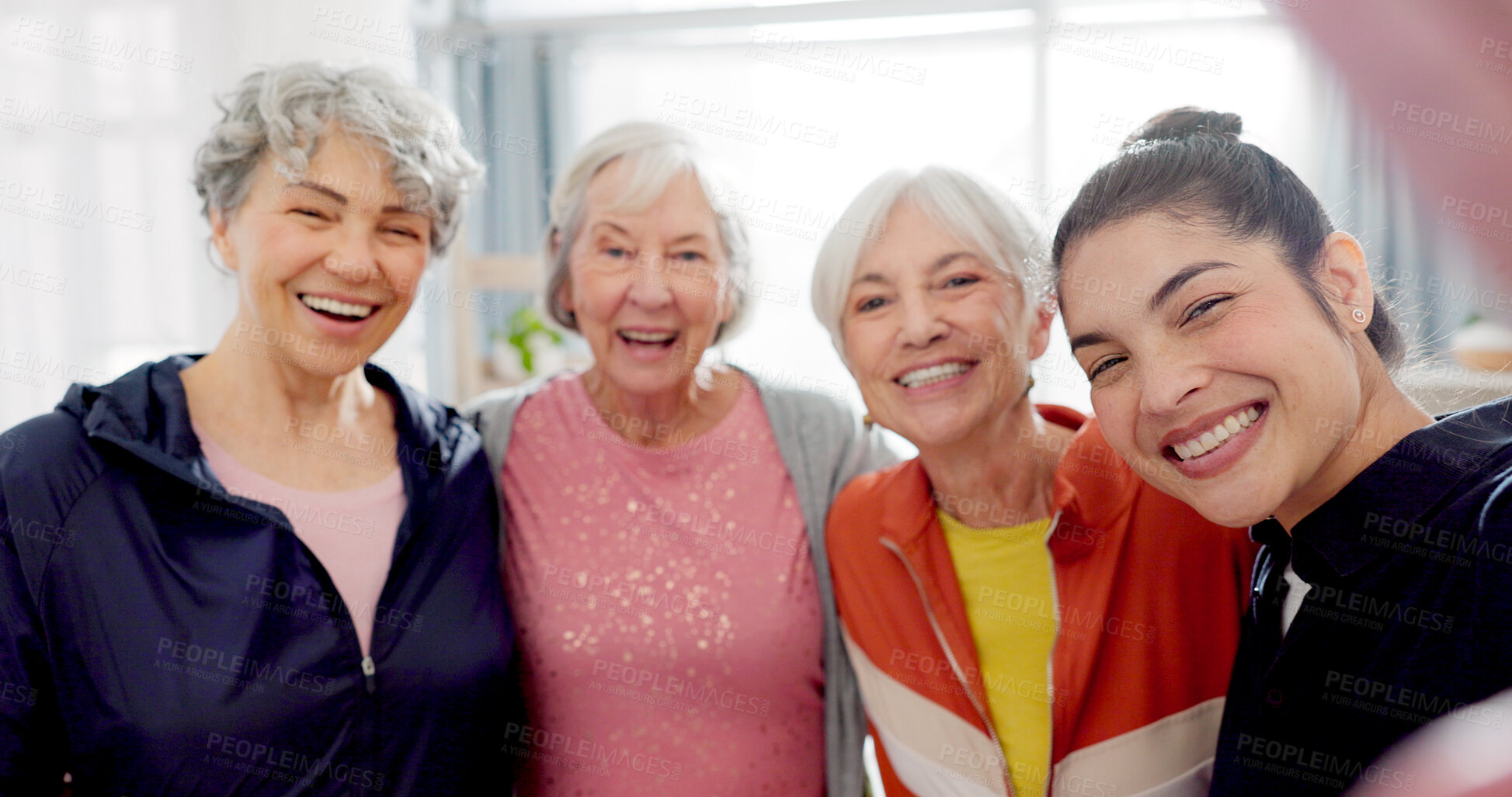 Buy stock photo Gym selfie, face and coach with women for fitness, yoga workout or happy with exercise class. Smile, team and portrait of a training person taking a photo with senior friends for wellness and sport