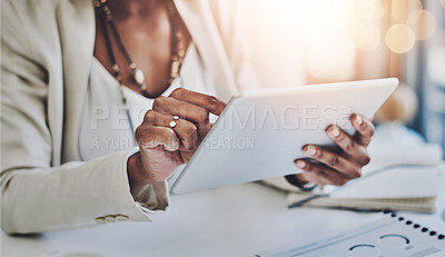 Buy stock photo Business, woman and hands with tablet in office for online research, planning and networking with internet. Compliance, technology and corporate professional, hr manager and personnel administration.