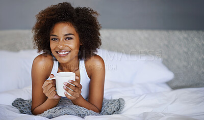 Buy stock photo Smile, bed and portrait of woman with coffee for weekend, happiness and beverage in morning. Apartment, relax and female person with warm drink in hotel for hospitality, peace and comfort of duvet