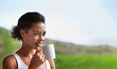 Buy stock photo Black woman, coffee and relax outdoor for calm mindfulness, peace travel vacation or summer holiday in nature. Sunshine, drinking tea and young girl relaxing, thinking or breathing fresh air with cup