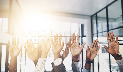 Buy stock photo Business people, hands and answer for question in office with volunteer, team building and participation. Collaboration, employees and palms for attention, audience and interaction with lens flare