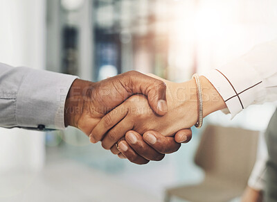 Buy stock photo Handshake, partnership and hands of business people in office for teamwork, collaboration and agreement. Corporate, professional and workers with gesture for thank you, b2b networking and onboarding