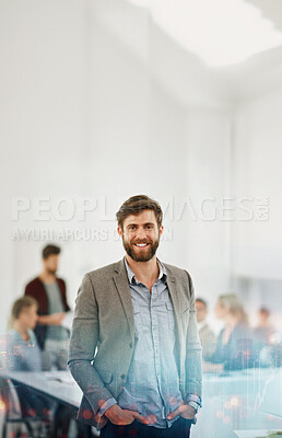 Buy stock photo Portrait, businessman and meeting in office with double exposure of cityscape, professional in accounting or finance. Male accountant, smile and global workplace, investment for economy in New York