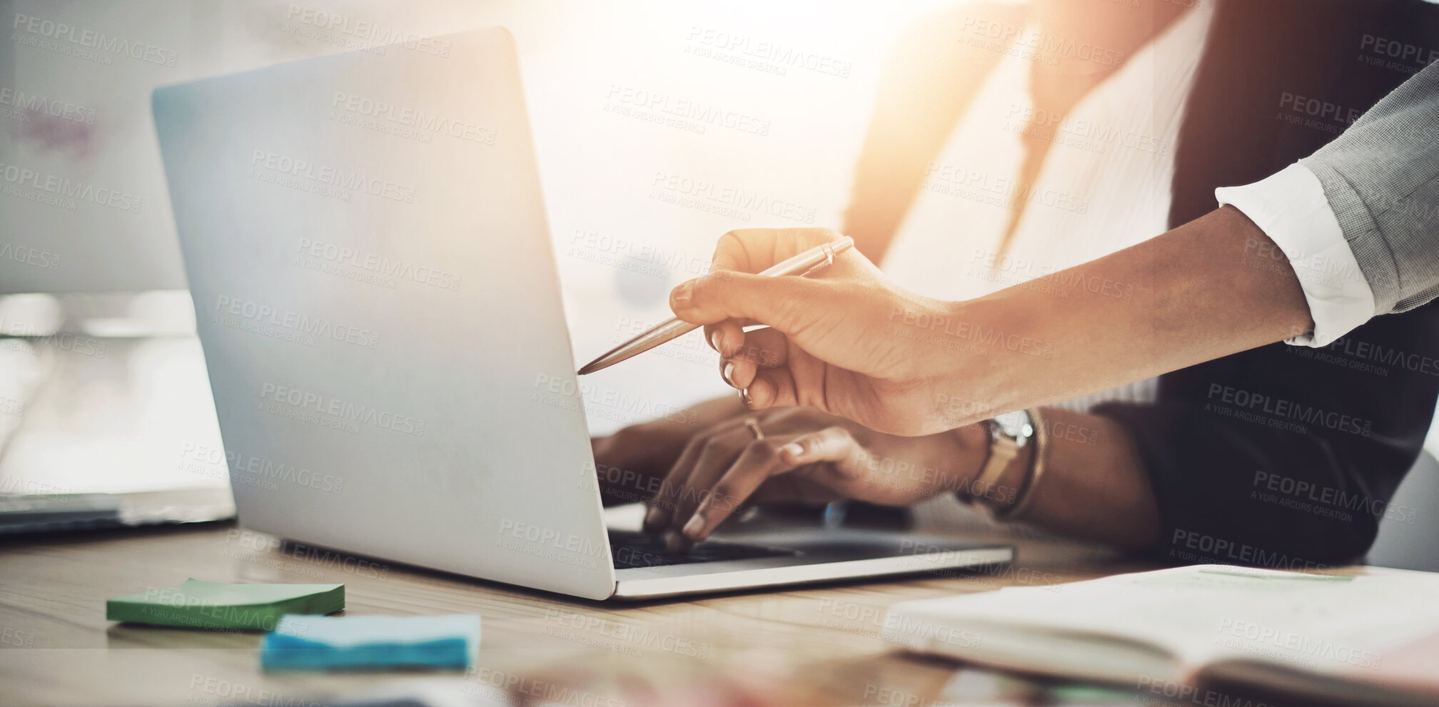 Buy stock photo Hands, point and laptop in office for help, discussion and feedback at table. Business people, technology or project management in workplace with consultation, brainstorming or partnership in company