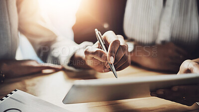 Buy stock photo Hands, pen and tablet for contract with business people in office for signing agreement or deal together. B2b, meeting and technology with employee team in workplace boardroom for digital signature