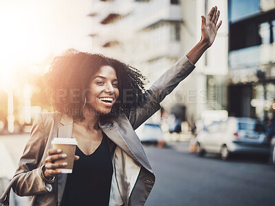 Buy stock photo Black woman, travel and hands in city for taxi, lift or street transportation with coffee outdoor. Business person, smile and cab hail for transport, car and waiting on road sidewalk in urban town