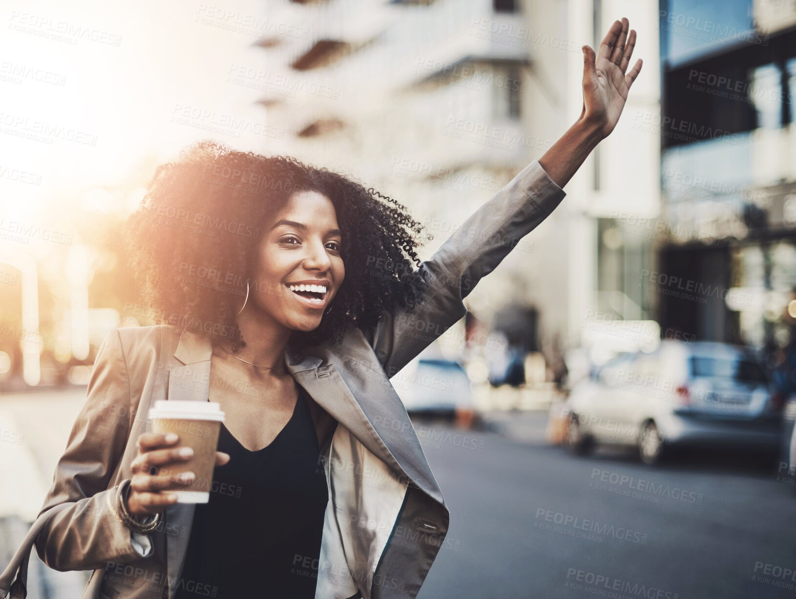 Buy stock photo Black woman, travel and hands in city for taxi, lift or street transportation with coffee outdoor. Business person, smile and cab hail for transport, car and waiting on road sidewalk in urban town