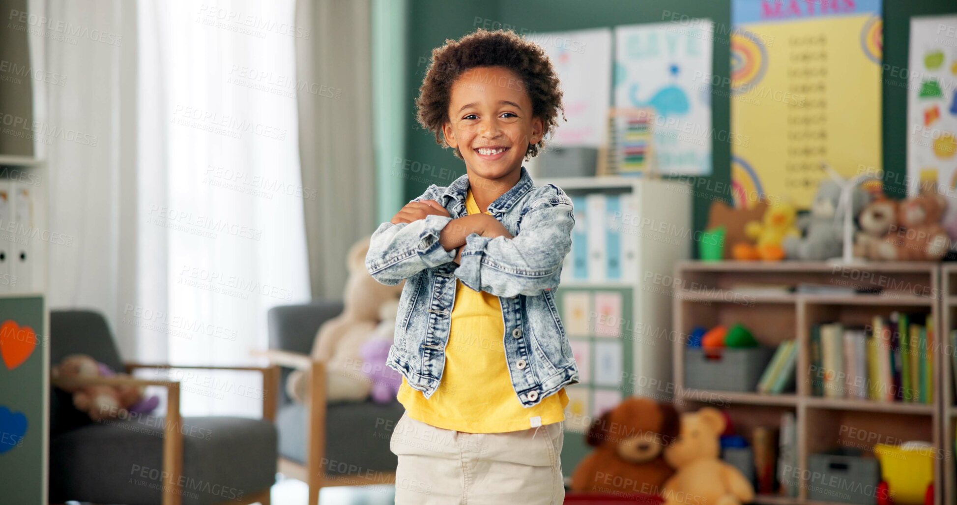 Buy stock photo Smile, face and boy in classroom for education, learning and ready for morning kindergarten. Happy, school and portrait of child or student with knowledge, studying and pride for academic lesson