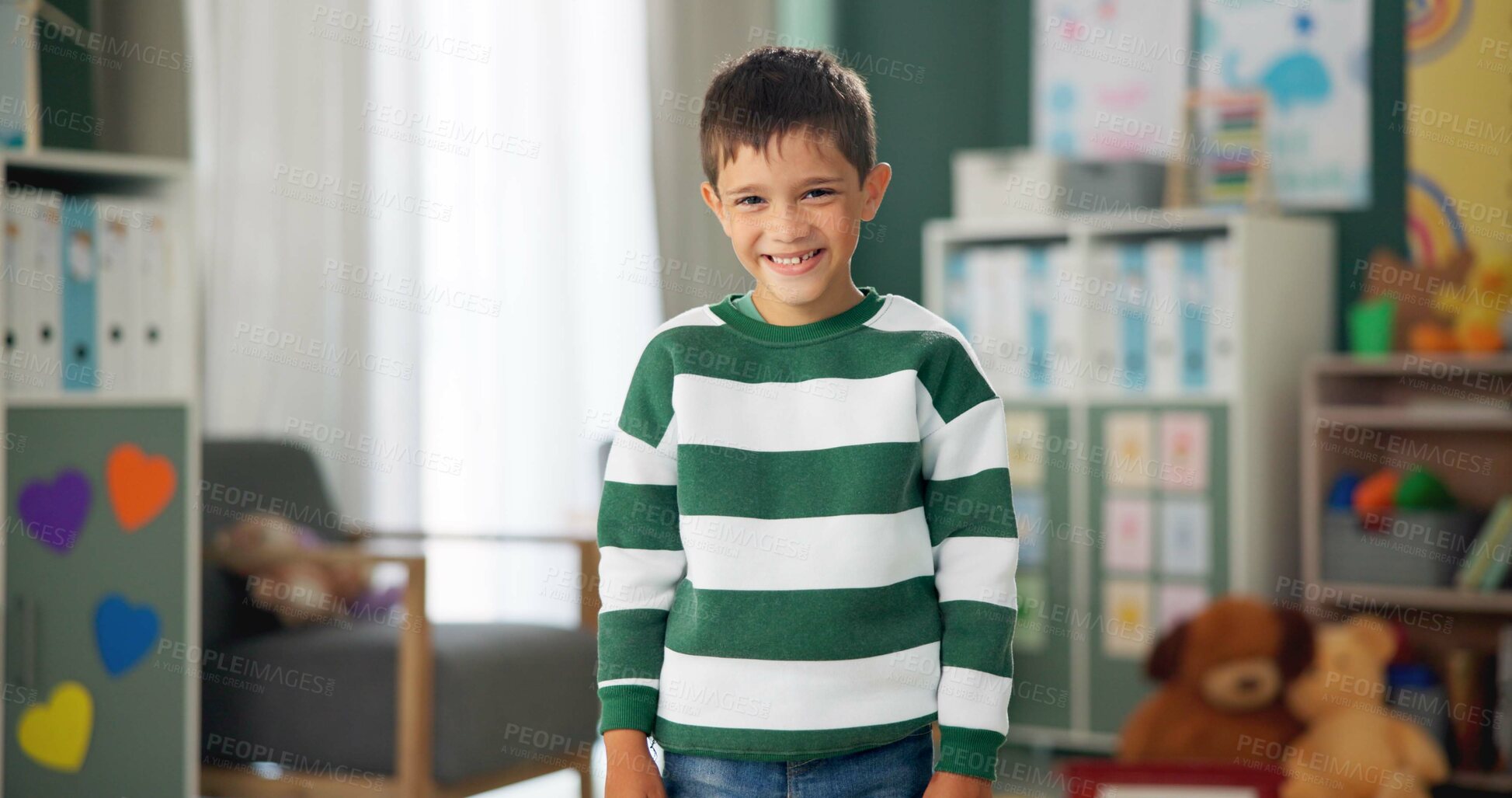 Buy stock photo Smile, face and child in classroom for studying, learning and ready for morning kindergarten. Happy, school and portrait of boy or student with knowledge, education and pride for academic lesson