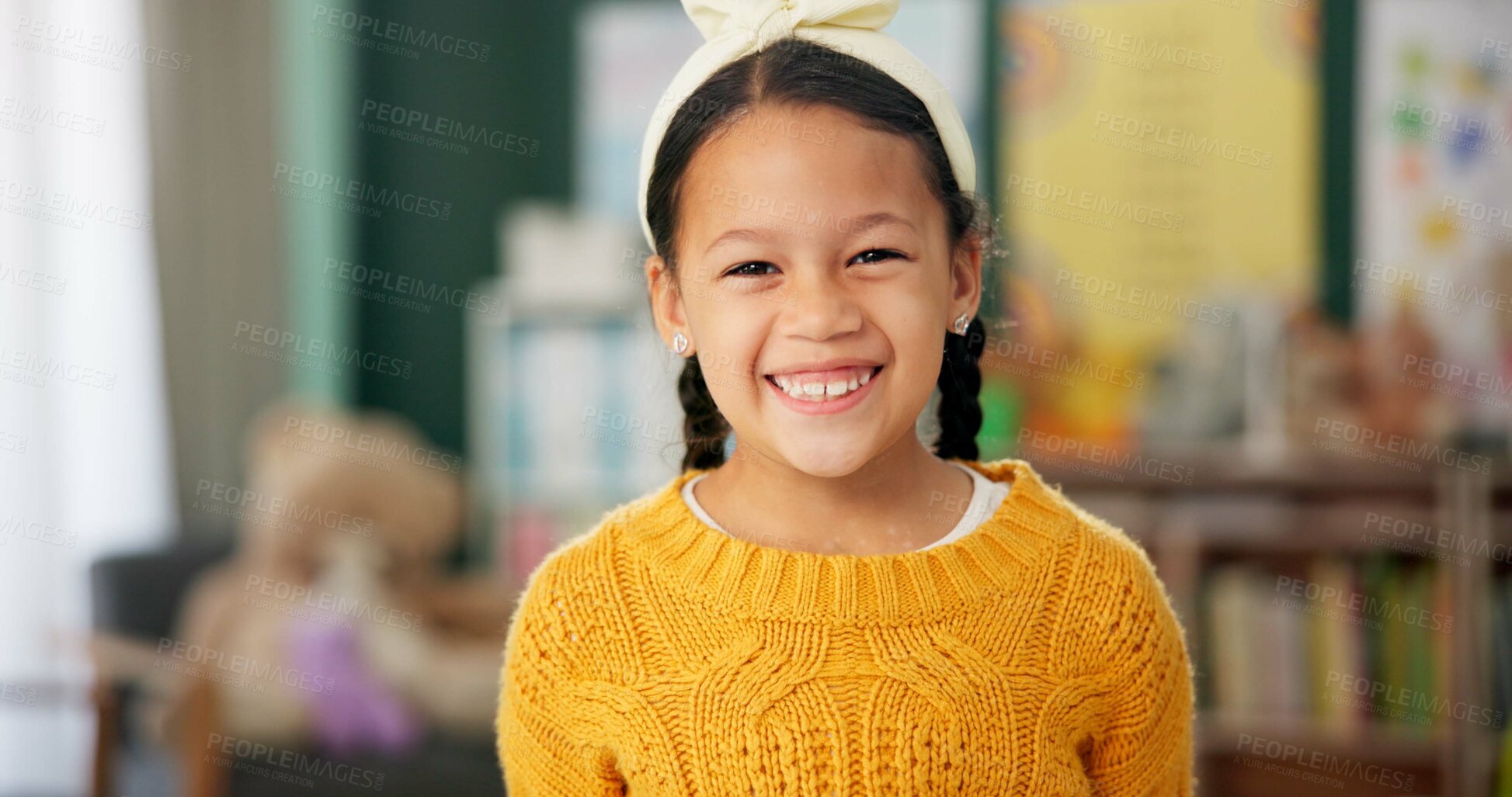 Buy stock photo Smile, face and girl in classroom for education, learning and ready for morning kindergarten. Happy, school and portrait of child or student with knowledge, studying and pride for academic lesson