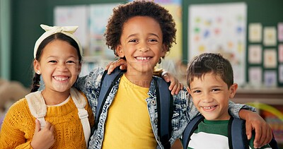 Buy stock photo Children, face and smile as friends at school with backpack in youth classroom, excited or education. Boys, girl and portrait at academy campus or lesson learning or knowledge, diversity or student