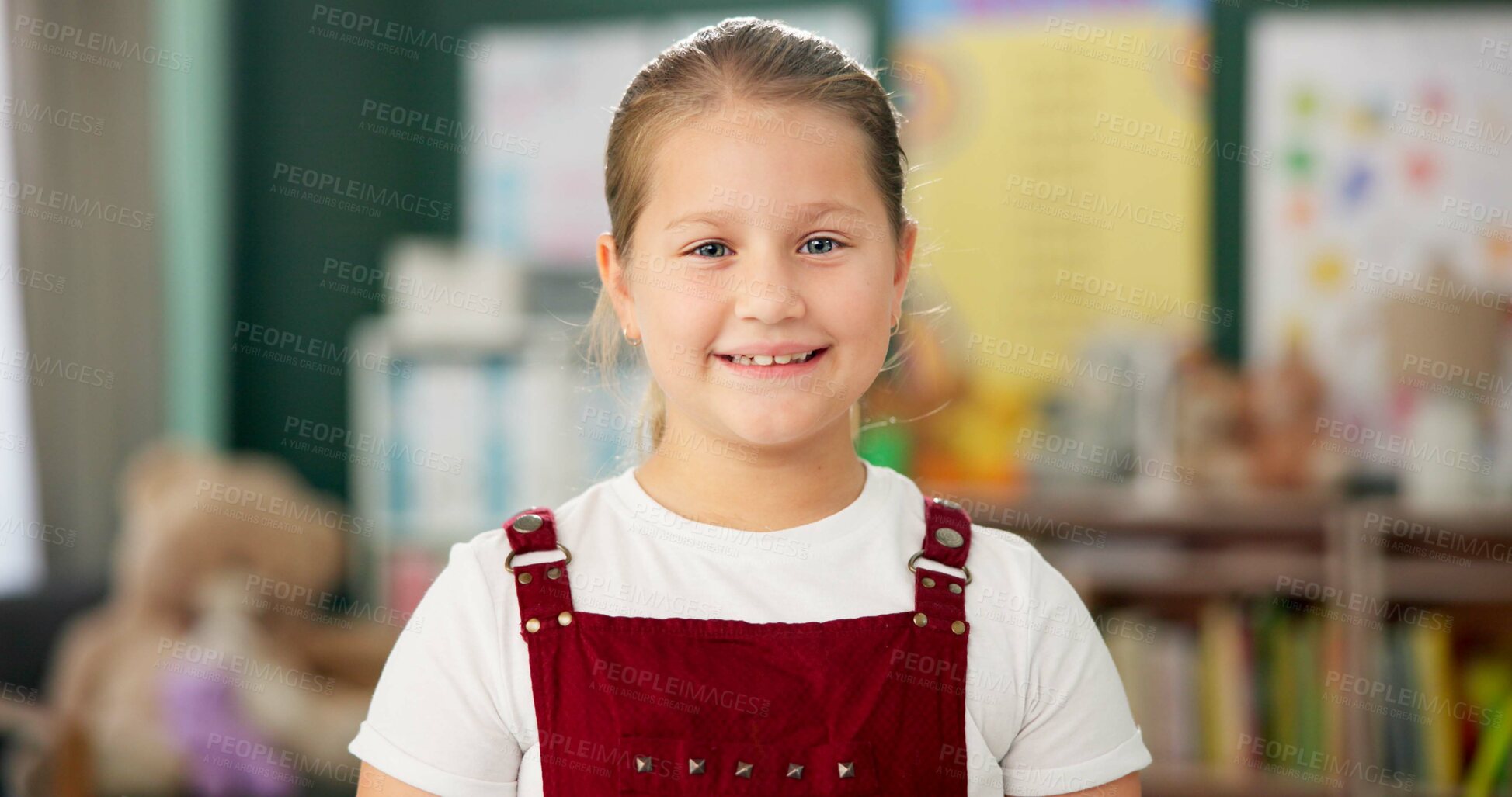 Buy stock photo Smile, face and child in school for education, learning and ready for morning kindergarten. Happy, classroom and portrait of girl or student with knowledge, studying and pride for academic lesson