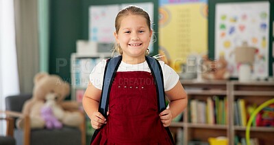 Buy stock photo Smile, face and child in classroom for education, learning and ready for morning kindergarten. Happy, school and portrait of girl or student with knowledge, studying and pride for academic lesson