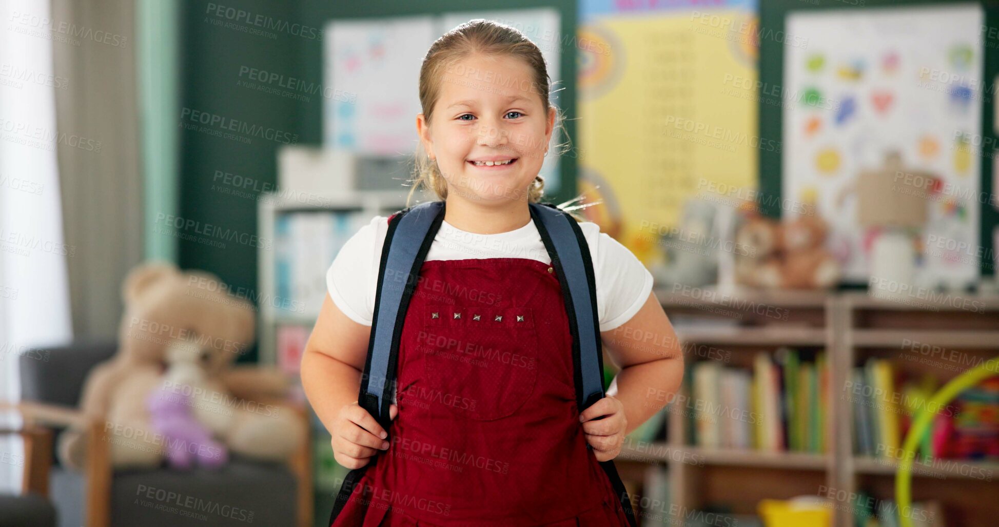 Buy stock photo Smile, face and child in classroom for education, learning and ready for morning kindergarten. Happy, school and portrait of girl or student with knowledge, studying and pride for academic lesson