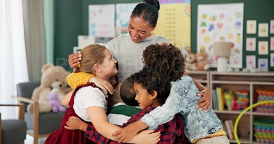 Buy stock photo Happy woman, children and hug teacher at kindergarten for learning, education or development in class together. Smile, group and kids embrace educator in school for diversity, laugh or playing game