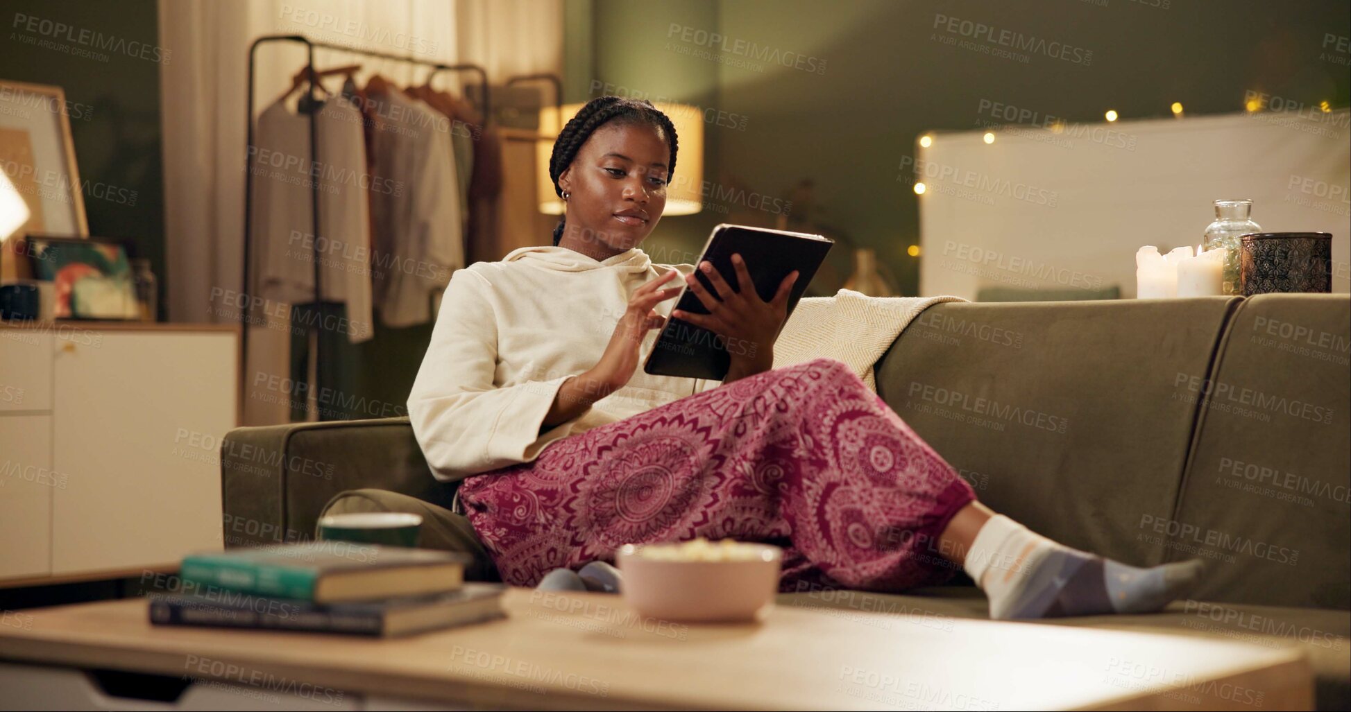 Buy stock photo Relax, design and black woman on sofa with tablet for creative ideas, work from home and fashion. Small business, software and girl on couch with digital app for web, research or online inspiration