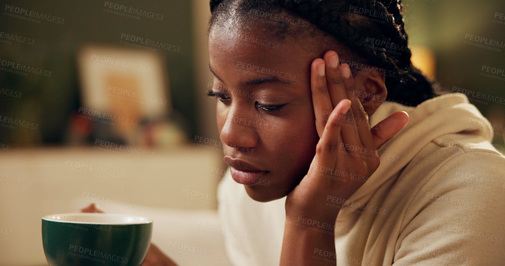 Buy stock photo Girl, tea and headache with pain in home for burnout, university stress and overworked on sofa. Person, anxiety and migraine with hot beverage for relax, fatigue and academic pressure in living room