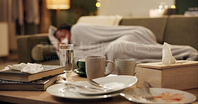 Buy stock photo Messy living room, sick and woman on sofa with coffee cup, plate and dirt with flu, covid or virus. Girl, African person and dishes on lounge table with sneezing, cough and night with tissue in home