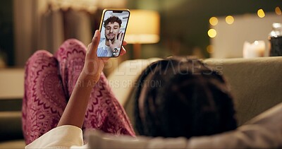 Buy stock photo Woman, relax and wave to video call in home at night with virtual connection to man online with phone. Hello, chat and girl on sofa with internet, app or live streaming discussion with love and care