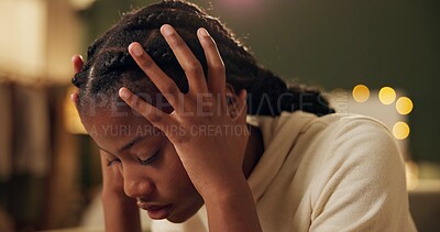 Buy stock photo Black girl, thinking and sad or crying in home for academic pressure, self esteem or anxiety and depression of break up. Woman, fatigue and burnout of school or unhappy of broken heart and stressed.