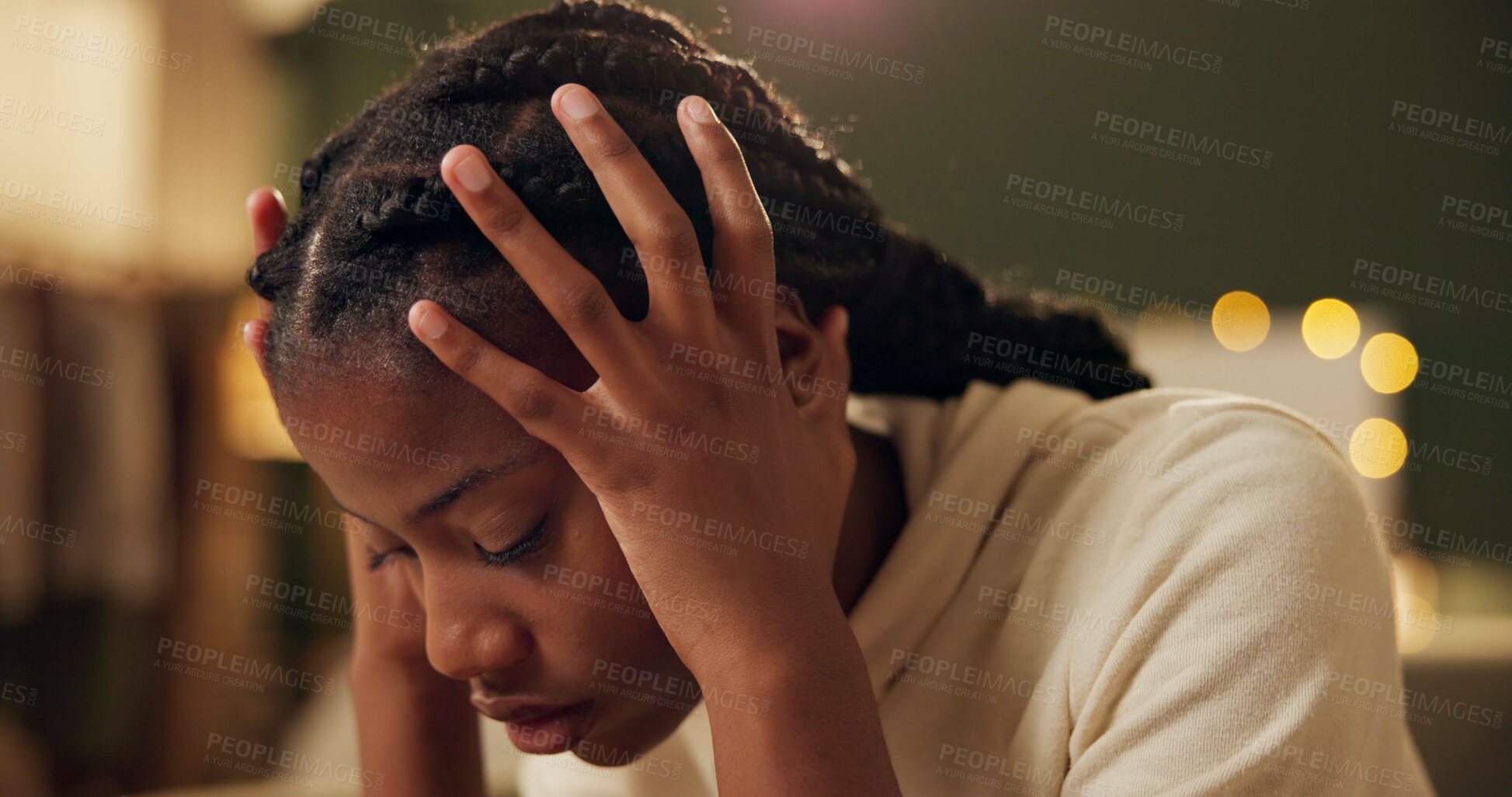 Buy stock photo Black girl, thinking and sad or crying in home for academic pressure, self esteem or anxiety and depression of break up. Woman, fatigue and burnout of school or unhappy of broken heart and stressed.