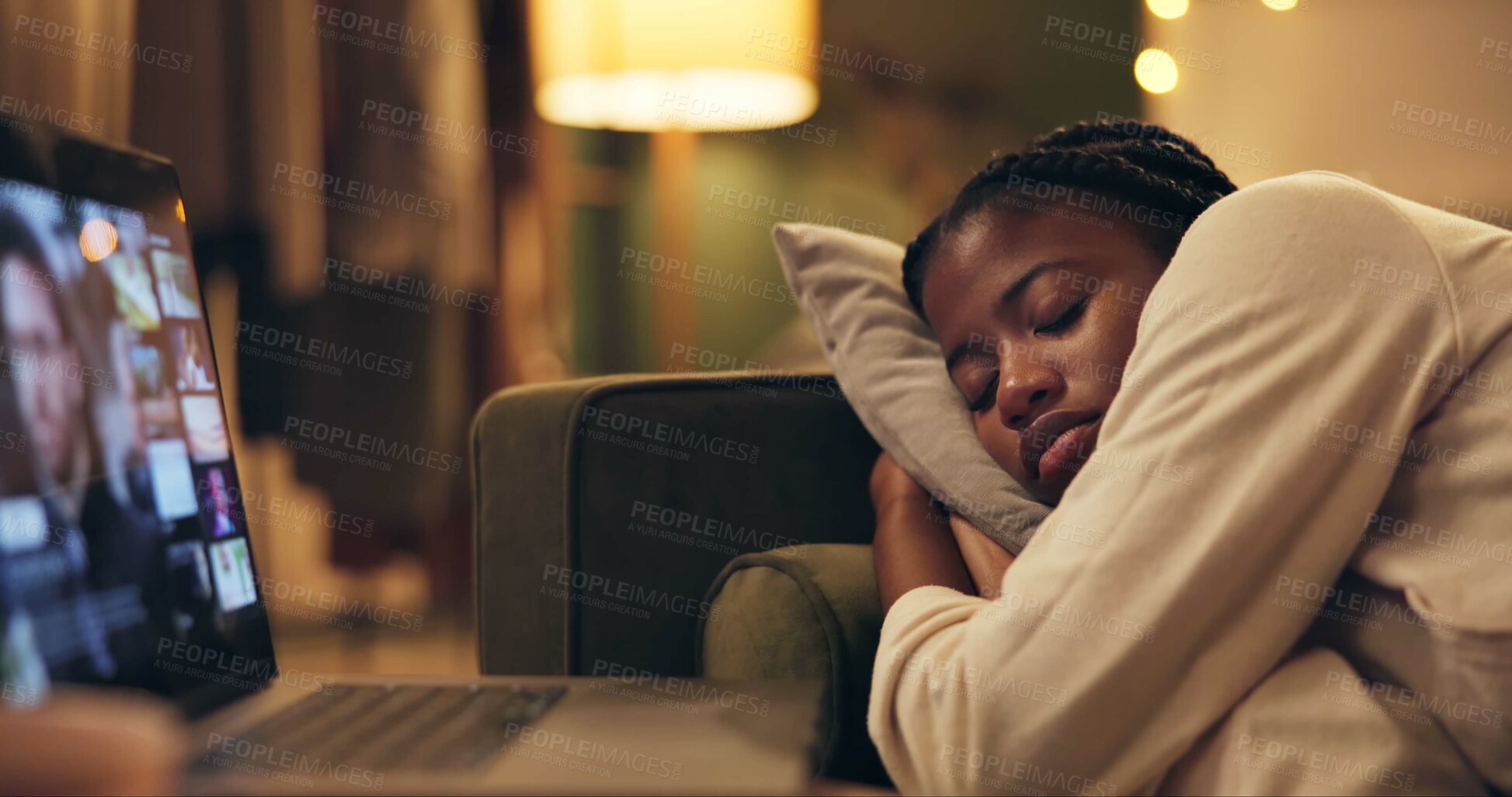 Buy stock photo Woman, laptop and sleep with movie on sofa in night for vacation, tired or online subscription in home. Girl, African person and computer for film, series or burnout with streaming on couch in lounge